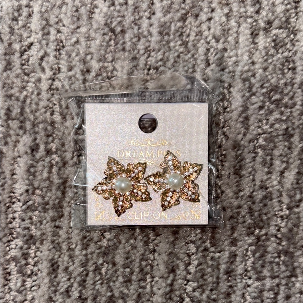 Gold and Pearl Flower Clip-On Earrings